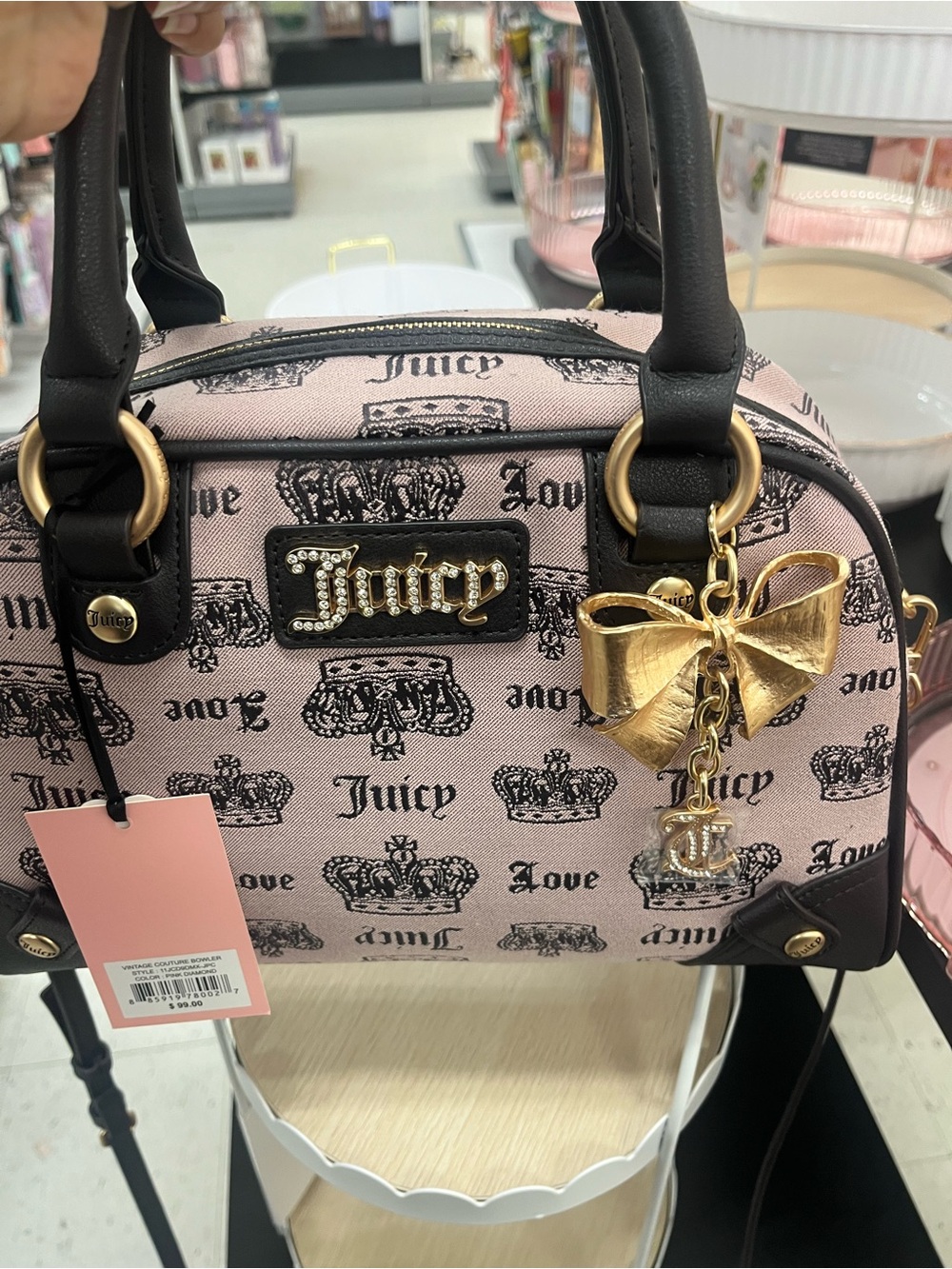 Juicy Couture Pink and Black Logo Satchel with Gold Bow Charm
